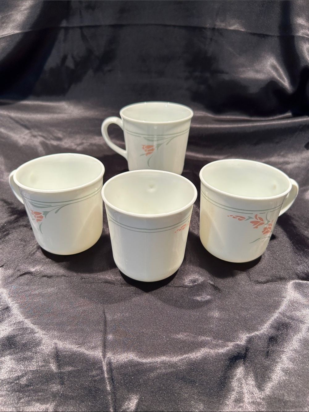 Corelle White Mugs with Pink Floral and Gray Trim - Set of 4